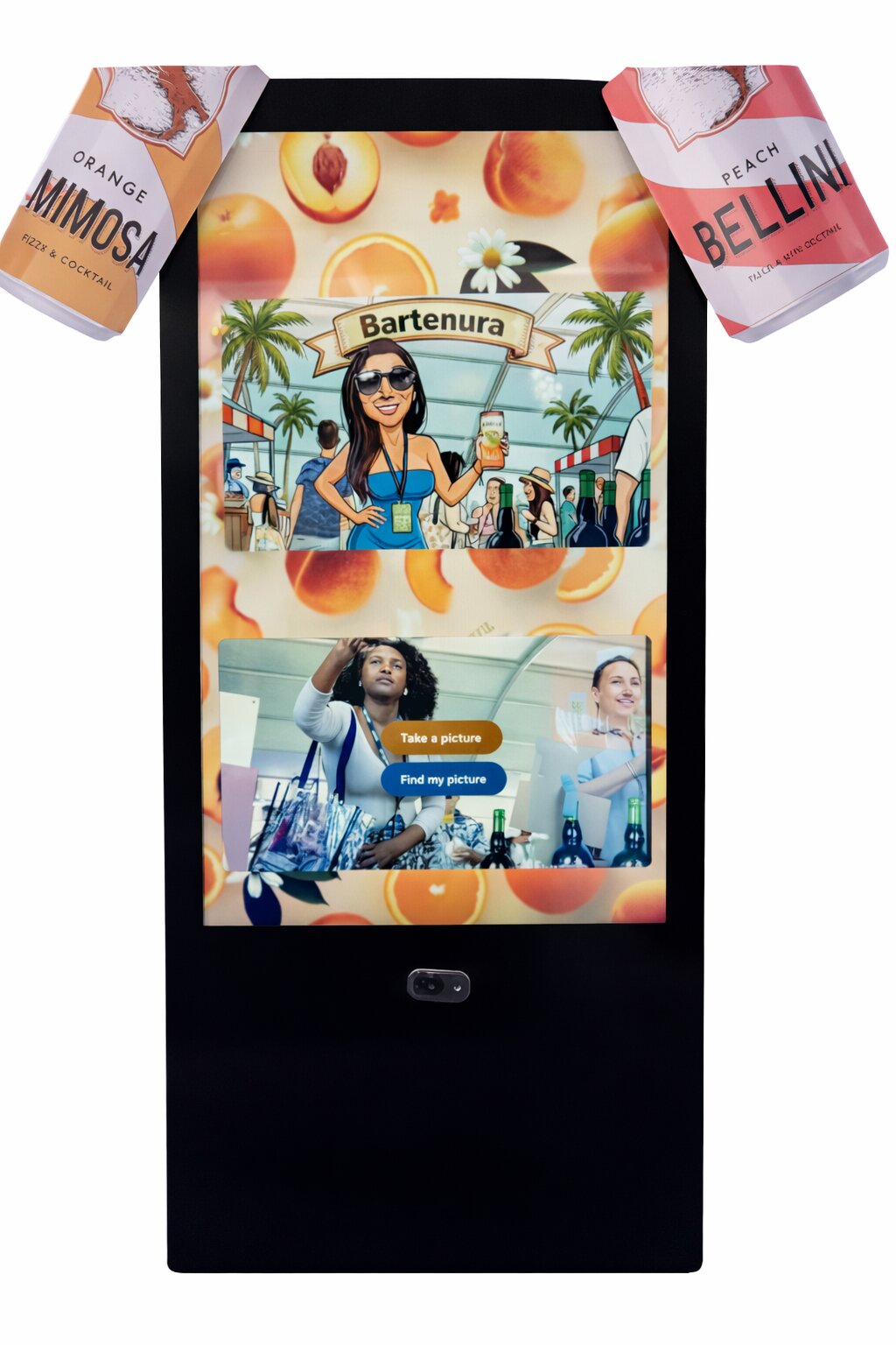 The Party Booth Kiosk on the floor at a Bartenura activation showing a live caricature on screen
