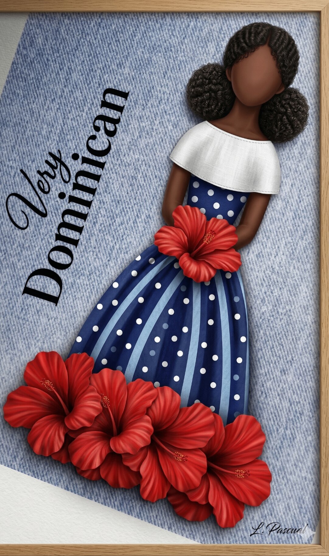 Muñeca Sin Rostro style AI caricature in a polka-dot dress with hibiscus flowers