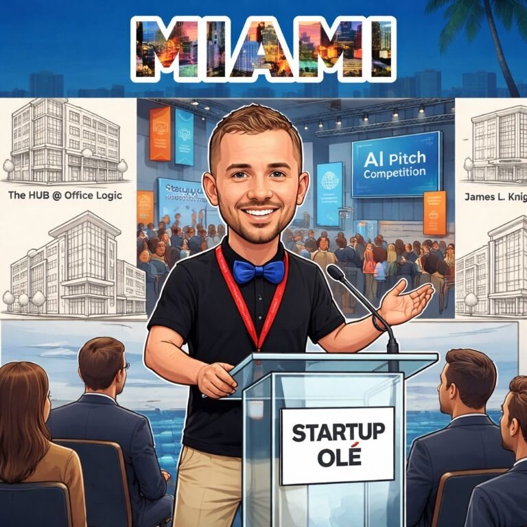 Startup Olé caricature with bowtie at podium