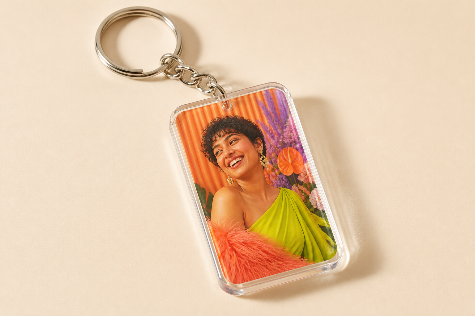 Glossy acrylic keychain printed with a custom AI portrait