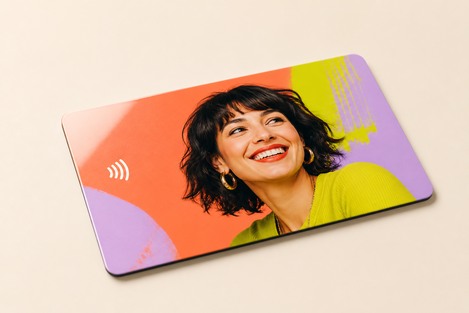 Glossy NFC business card printed with a custom AI portrait
