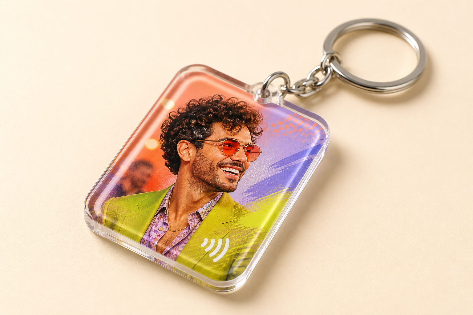 Glossy NFC keychain printed with a custom AI portrait