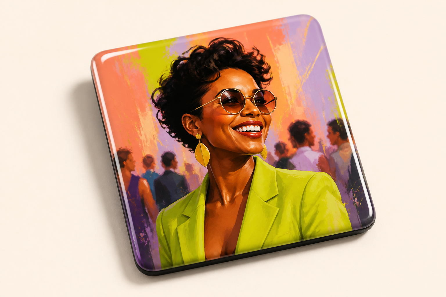 Glossy square fridge magnet printed with a custom AI portrait
